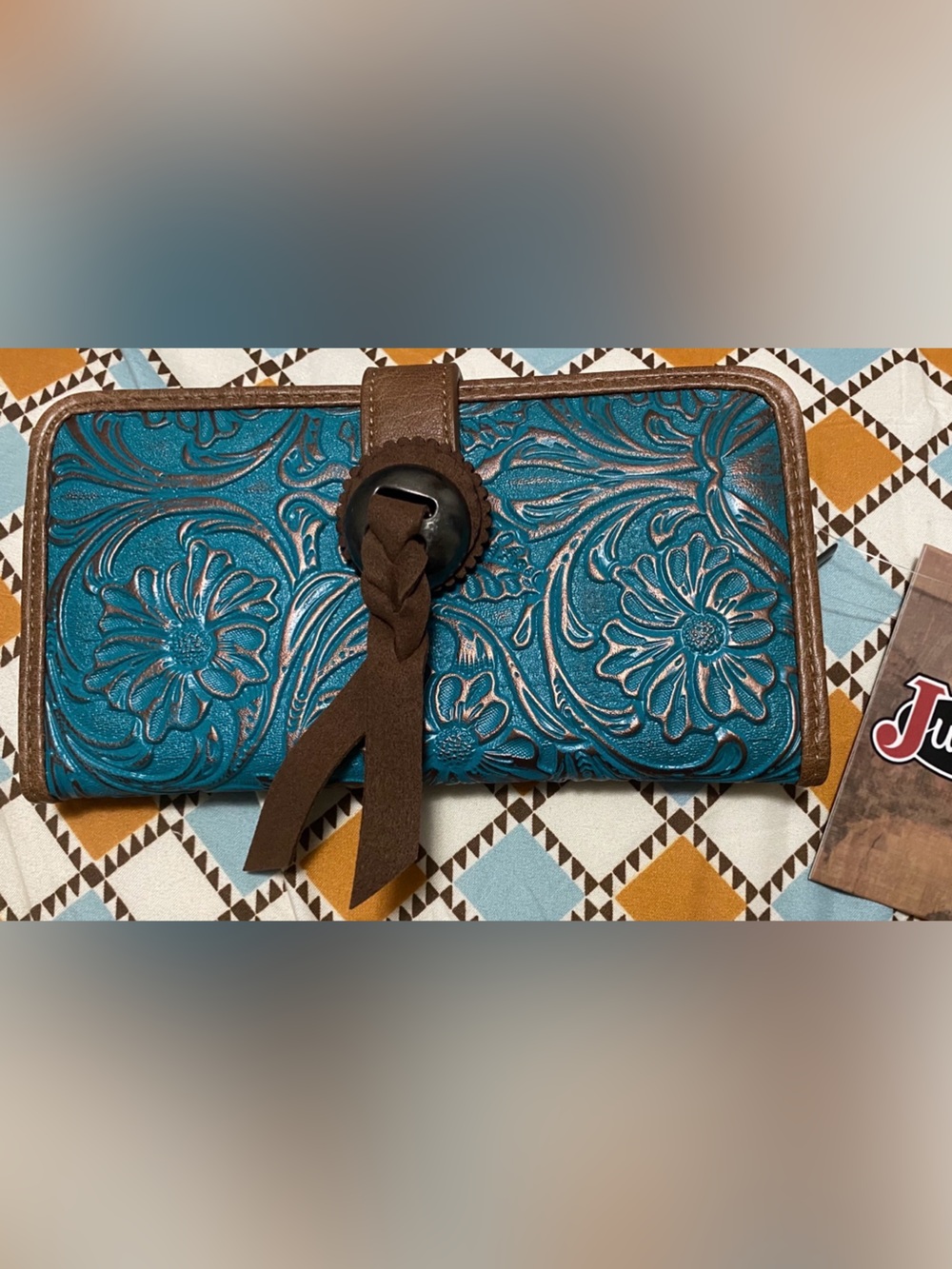 New Justin Tooled Floral Teal Leather Wallet